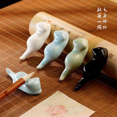笔搁陶瓷毛笔托架创意可爱小猫书法笔山笔托笔架山搁笔架文房四宝