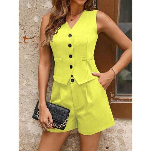 K 67980 Linen commute vest shorts set 棉麻通勤无袖马甲热裤套