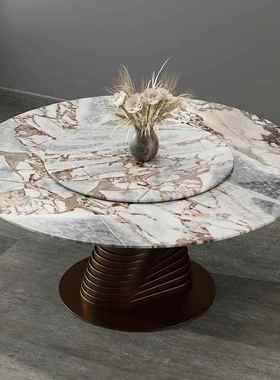 意式轻YVL奢天然大理桌石餐用圆形别墅酒店样板房转家不锈钢带盘