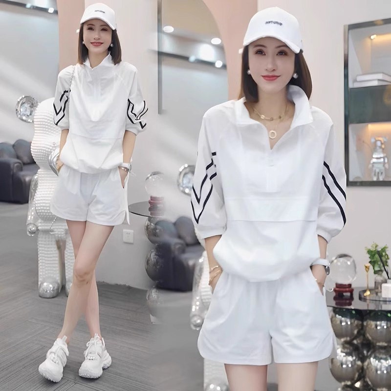 运动服套装女夏季薄款2026新款防晒衣阔腿短裤休闲时尚洋气两件套