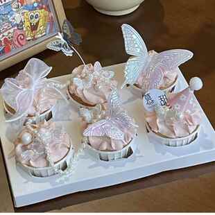 38女神节纸杯幻彩蝴蝶蛋糕装饰插件唯美珍珠蝴蝶结女王节装扮摆件