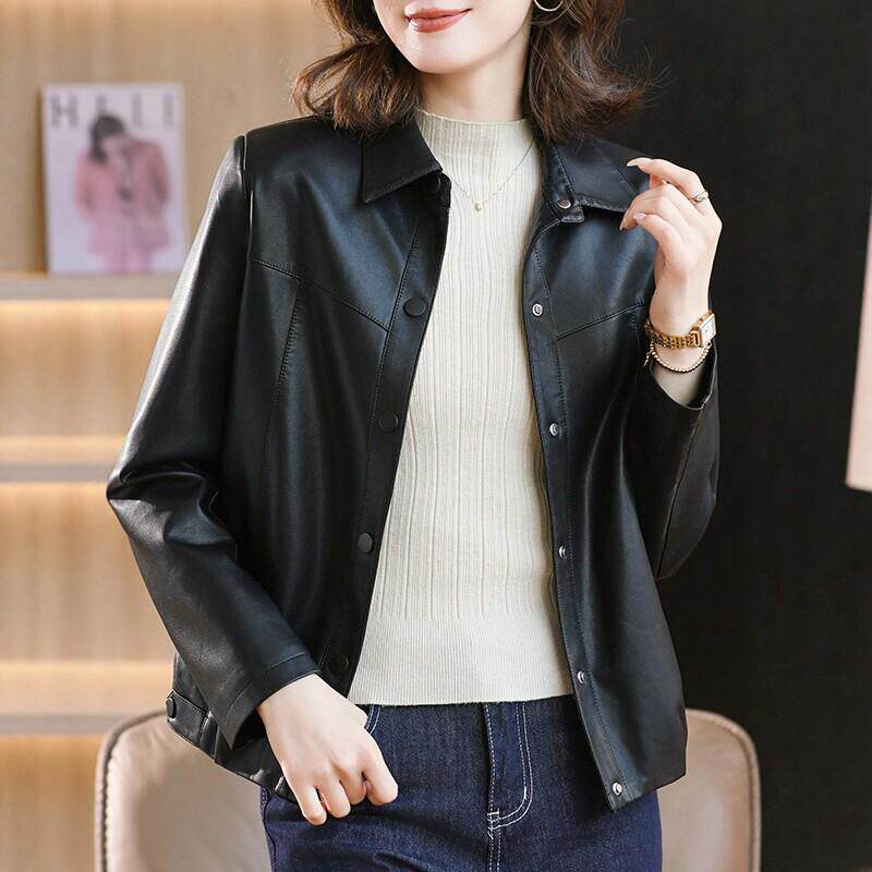 黑色翻领皮衣外套女春装2026新款春秋短款显瘦百搭酷飒风夹克上衣