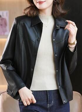 黑色翻领皮衣外套女春装2026新款春秋短款显瘦百搭酷飒风夹克上衣