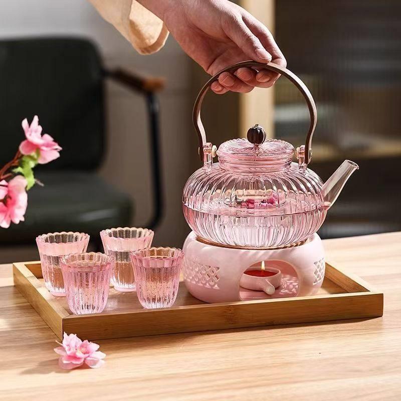 玻璃茶壶女士精致养生壶煮茶壶花茶水果茶壶蜡烛粉色泡茶壶茶具