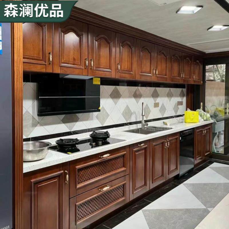 北京厂家定制橱柜欧式开放式实木北美樱桃木整体石英石岩板吧台