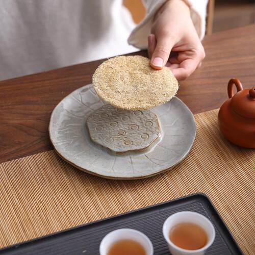 新中式粗陶壶承干泡台复古紫砂壶盖碗托养壶编藤垫茶承丝瓜络托盘