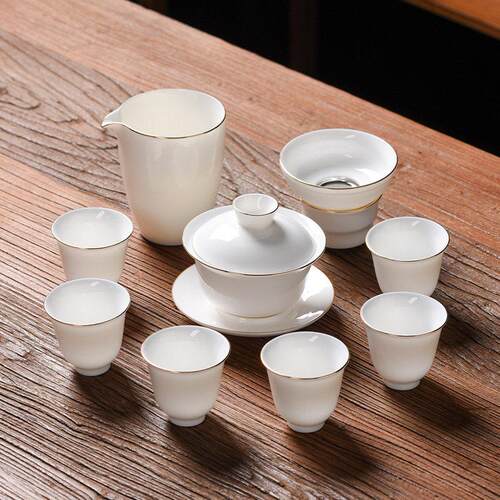 羊脂玉功夫茶具套组家用办公2024新款轻奢高档泡茶壶白瓷盖碗茶杯