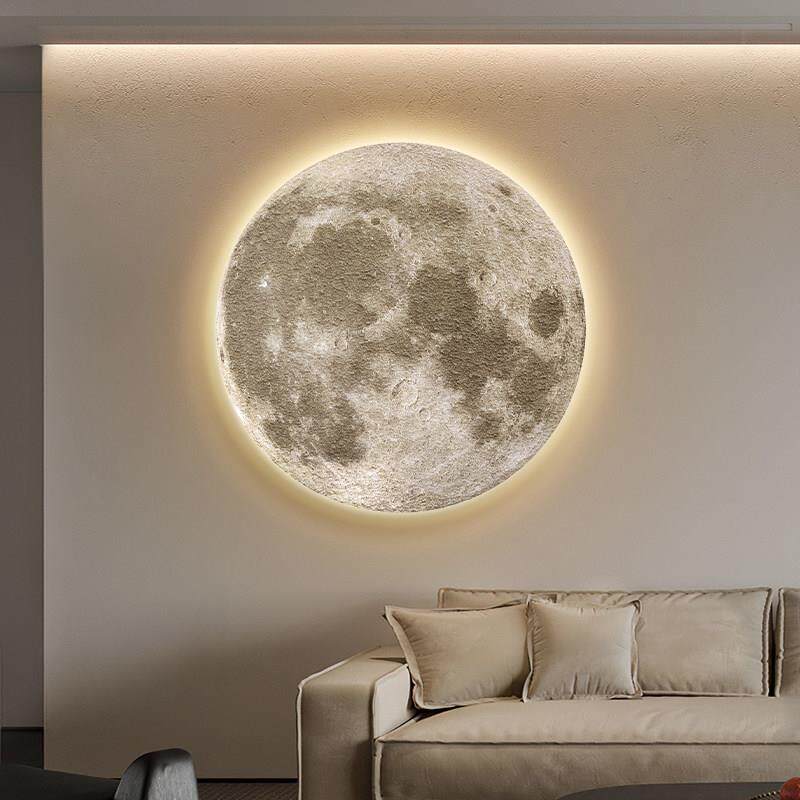 月亮客厅背景墙装饰画卧室床头壁画圆形夜光灯画砂岩入口挂画
