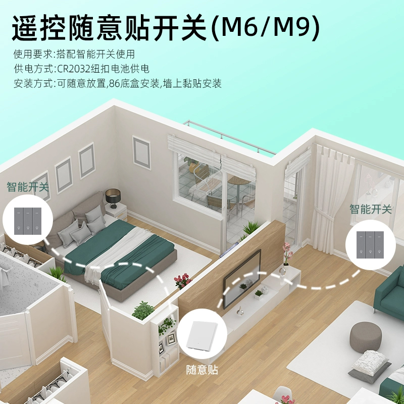 M6搭配/同款随意贴开关 CR2032纽扣电池供电 可贴墙或86底盒安装