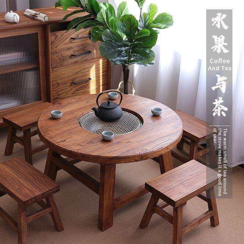茶几老木高档围炉煮茶实木茶桌圆形煮茶火锅烧烤桌阳台家用桌两用