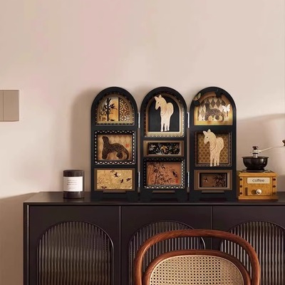 新款中古风小屏风电视柜摆件复古客厅桌面装饰画玄关边柜法式摆画