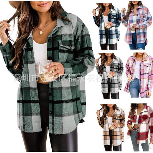 Flannel jacket plaid button up long sleeved woolen shirt