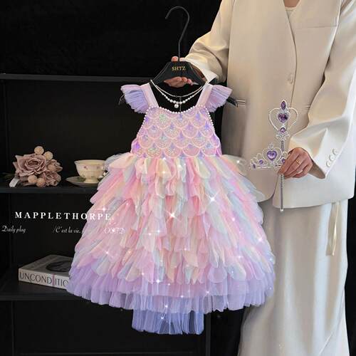 女童美人鱼公主裙夏装洋派蓬蓬裙高端洋装小女孩生日礼服蛋糕裙