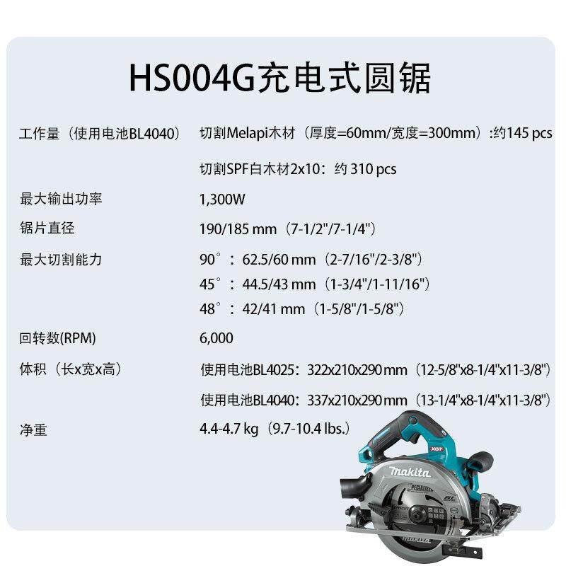 牧田HS004G充电式圆锯无刷木工电锯圆盘轨道锯