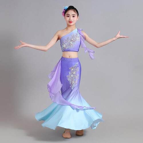 高档新儿鱼童傣族舞蹈演出款服儿女艺考360度弹力尾裙幼孔雀舞表