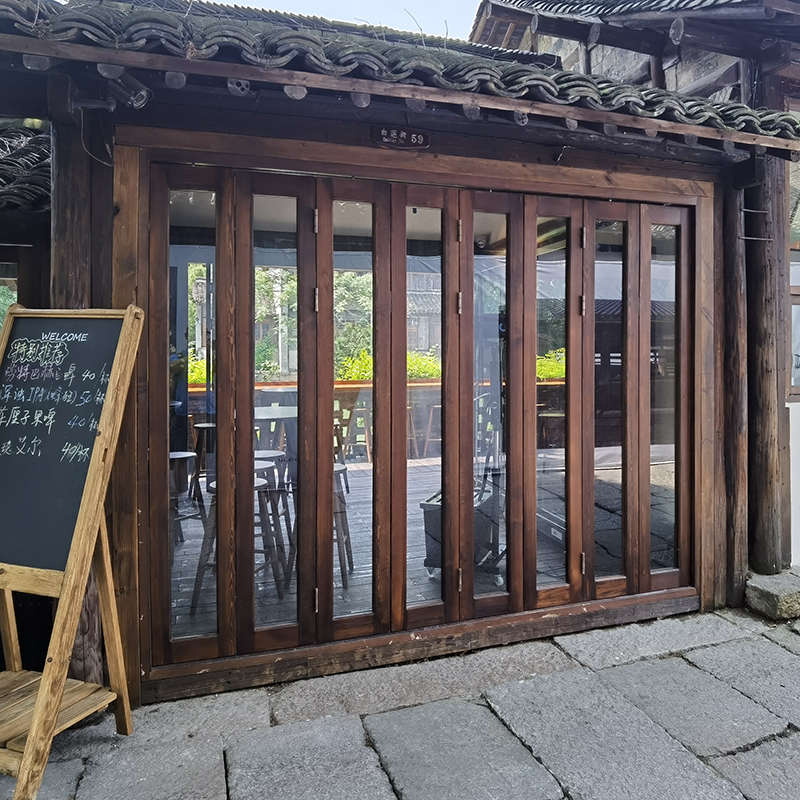 松木原木室内折叠门店铺民宿门窗厂家定制节省空间平开推拉实木门