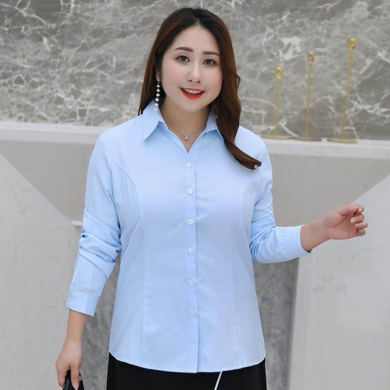 正品胖M200大斤长袖V领衬衫职业加肥M加码女装宽松面试工作装衬衣