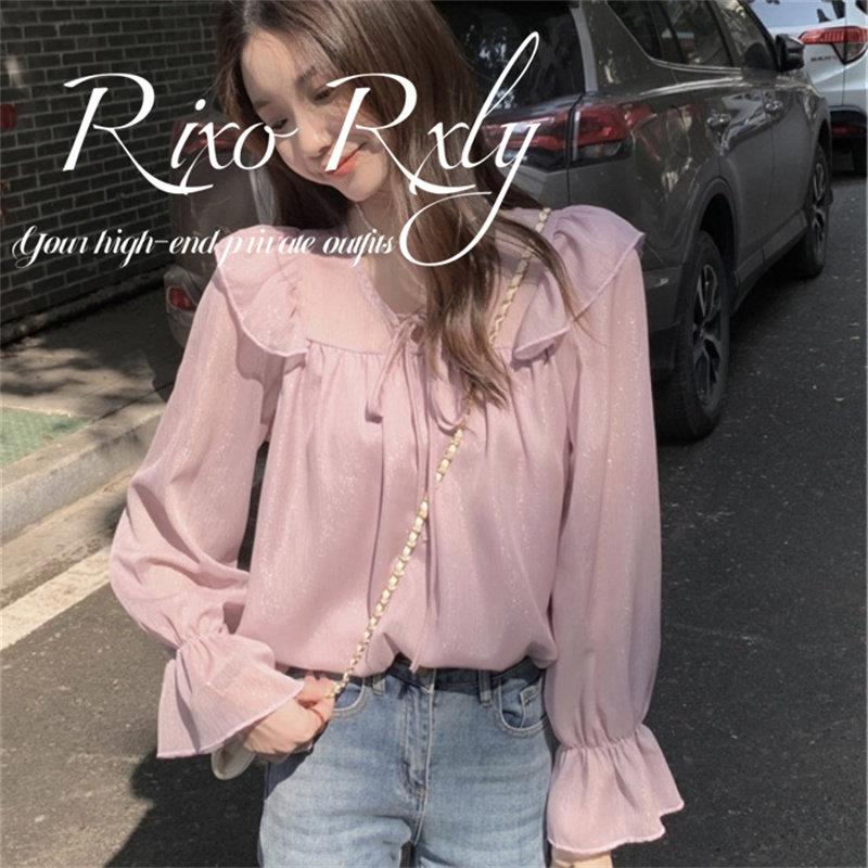 RIXO RXLY法式荷叶边V领雪纺长袖衬衫女春夏季小众设计感休闲上衣