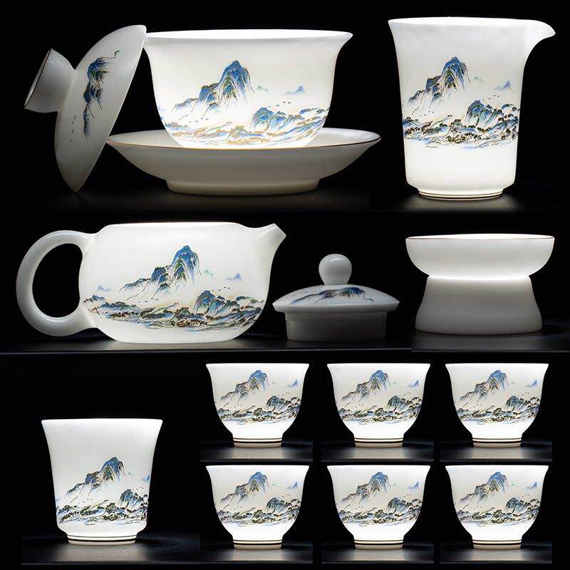 素烧冰种玉瓷功夫茶具套组白瓷茶杯三才盖碗泡茶壶可定制高端礼盒