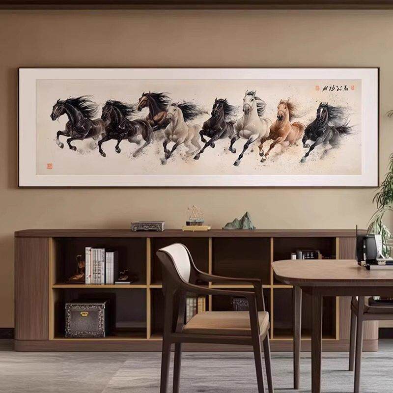 八骏图客厅装饰画马到功成办公室挂画新中式沙发背景墙挂画新款国