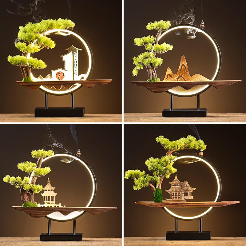 新中式风化实木底座铁艺灯圈展示台摆件玄关办公室创意装饰可发光