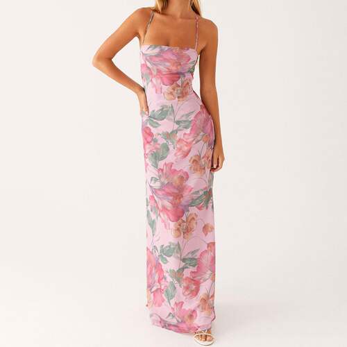 Women Long Dress Floral Print Sleeveless Cami Dress Summer