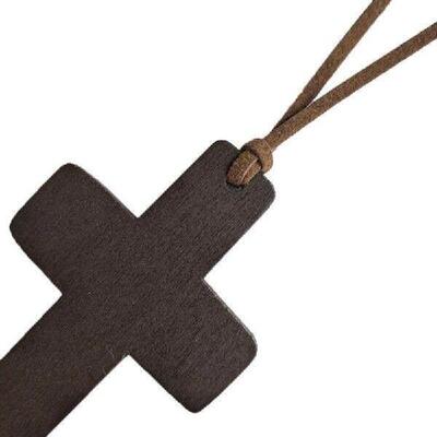 Vintage Wooden Cross Pendant Brown/Black Rope Necklace