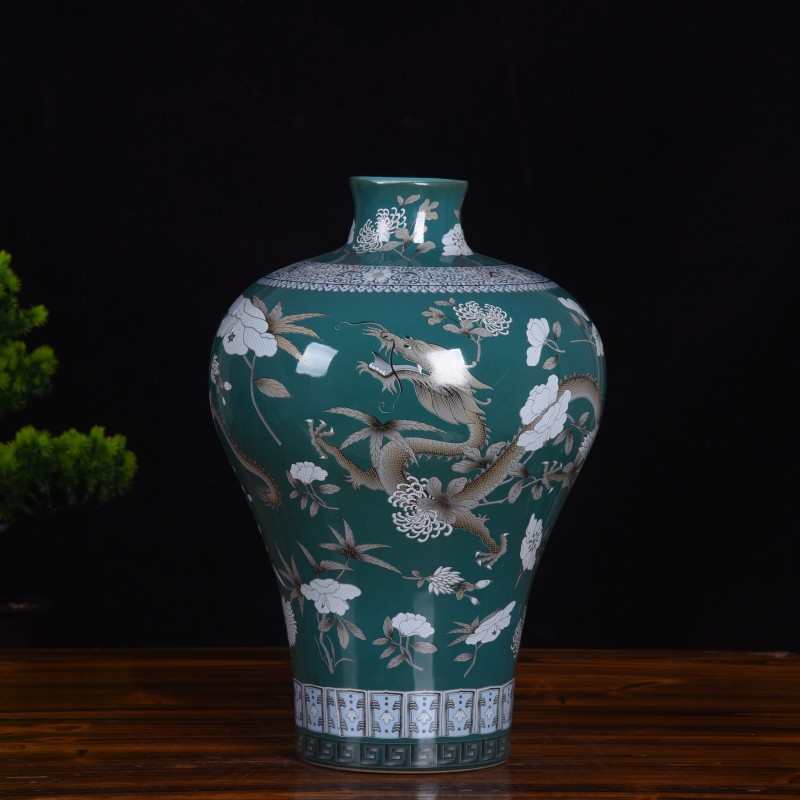 斋陶瓷器大雅摆件插花日式装饰品龙纹器皿花道花瓶花绿色粉彩桌面