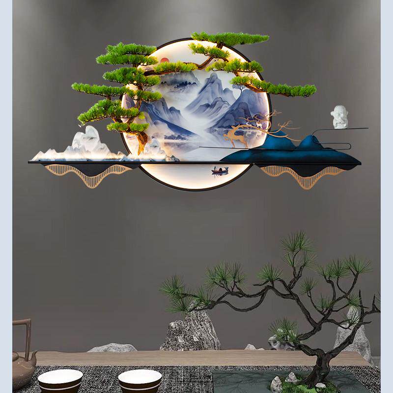 新中式圆形带灯装饰画 画玄关沙发背景墙上3d立体彷真迎客松禅艺