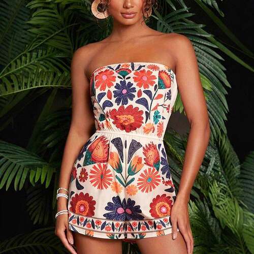 Women'S Summer Colorful Folk Print Crop And Shorts Romper