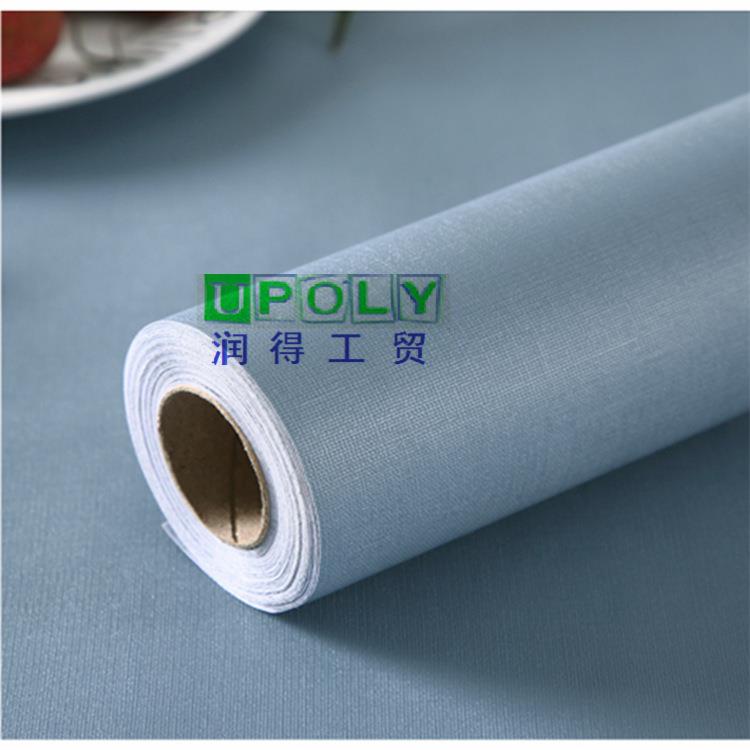 PVC墙纸麻布纹复古湖蓝色温馨简约现代风格自粘清新卧室宿舍墙贴