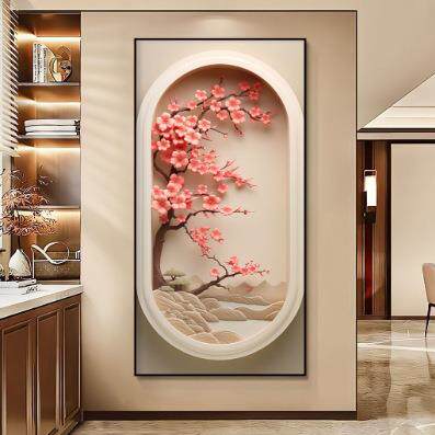 新中式桃花绽放玄关装饰画走廊过道挂画竖版植物花卉现代客厅壁画