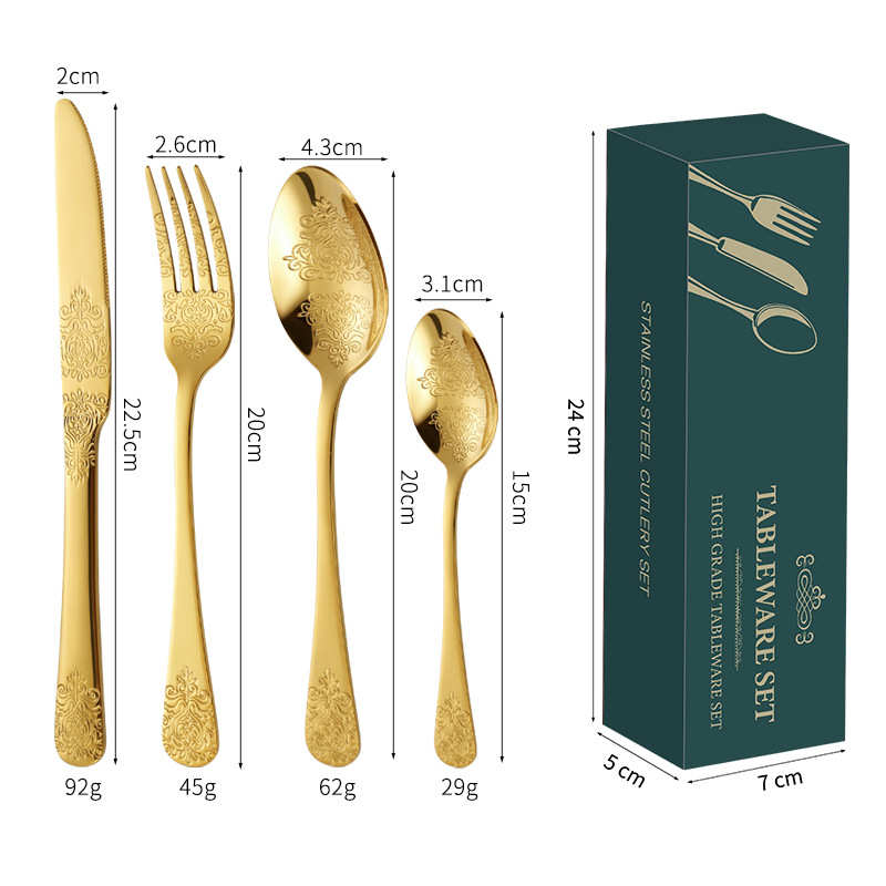 24件套不锈钢餐具创意设计印花双面花纹刀叉勺小勺4主件餐具套装