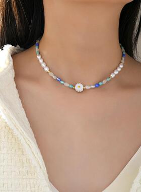 Colored pearl necklace彩色雏菊休闲 清新夏日蓝白色串珠女士项