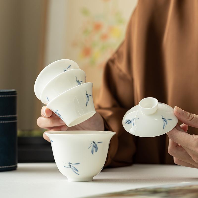 手绘蝴蝶兰快客杯一壶四杯陶瓷旅行茶具组车载户外露营便携泡茶器