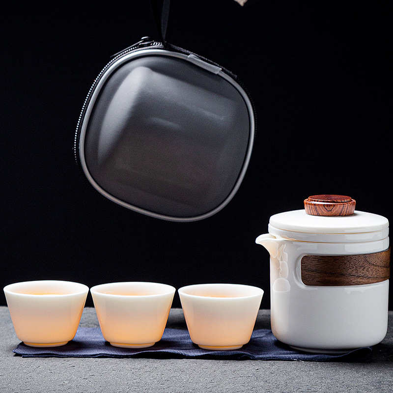 白瓷旅行茶具套装羊脂玉功夫茶杯防烫手抓壶盖碗户外便携包快客杯