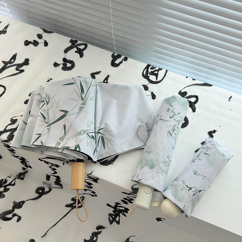 新款国风竹园折叠伞防晒防紫外线晴雨两用黑胶遮阳伞全自动太阳伞