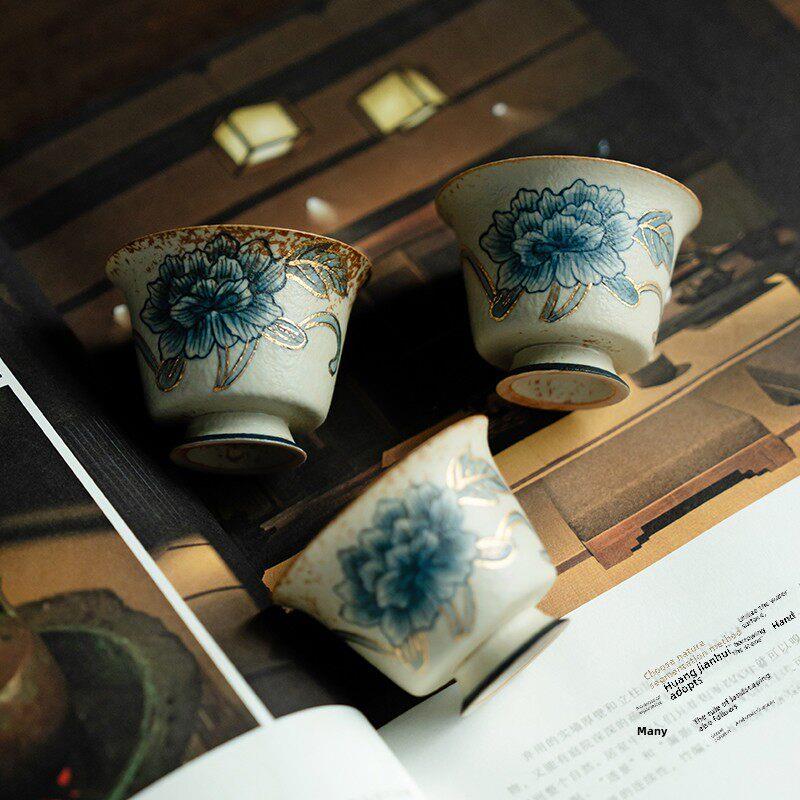 土兔蓝白火石红绘金纯手绘牡丹花茶壶盖碗茶杯家用泡茶器功夫茶具