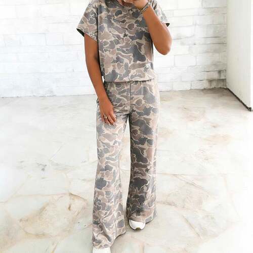 Women's 2 Piece Camouflage Outfits Short Sleeve Knot Top