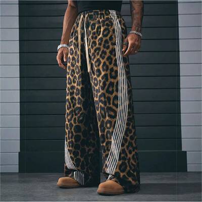 Leopard Print Striped Contrast Trim Lounge Pants Casual