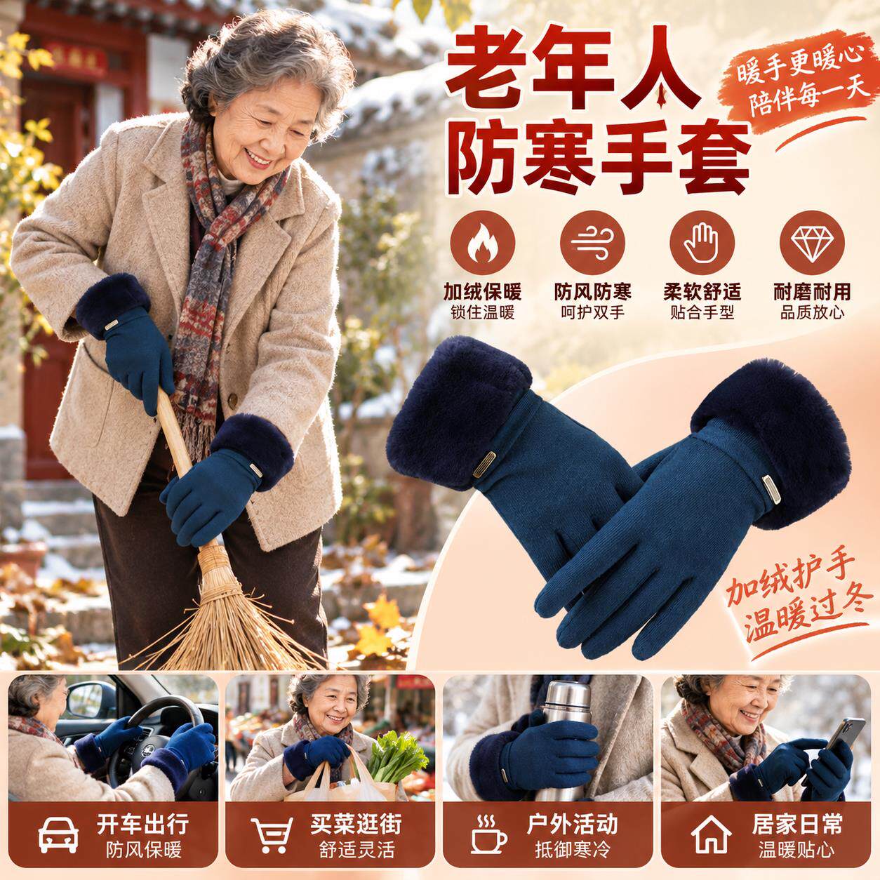 冬季适合老年人保暖戴的手套加厚针织骑车东北防寒女妈妈奶奶爷爷