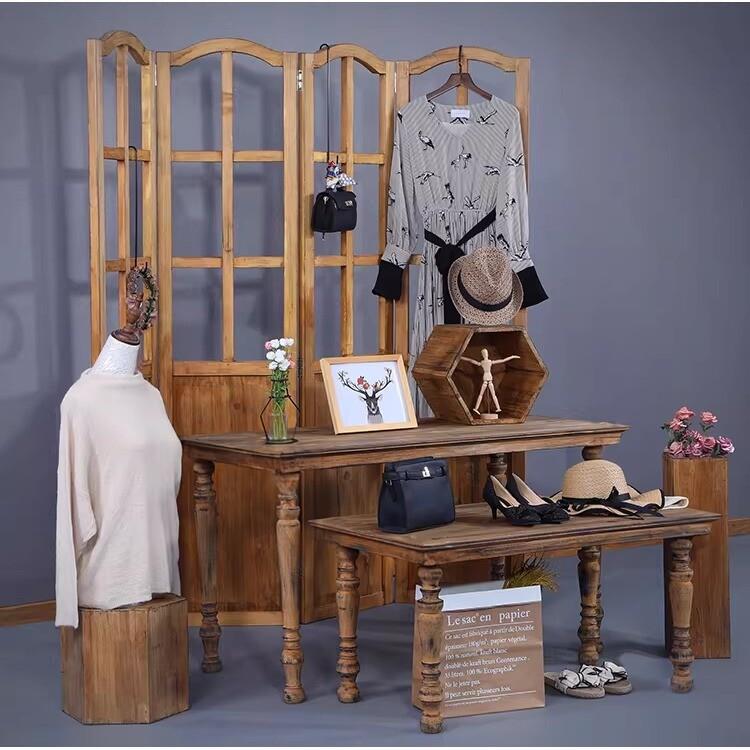 服装店展示架落地式实木屏风折叠隔断装饰高低流水台中岛展示台桌图片