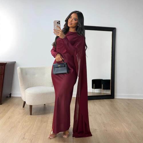 Pure Color One Shoulder Cape Sleeve Dress Fitted Plain
