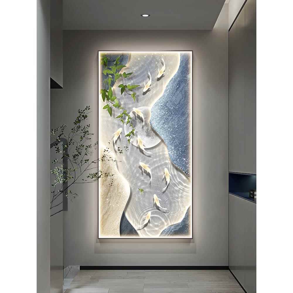 九鱼图玄关装饰画 画现代轻奢灯画 画LED过道入户门挂画 画高级感