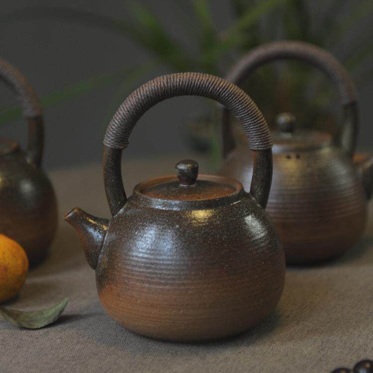 柴烧窑变提梁煮茶壶纯手工大容量烧水粗陶壶黑晶炉泡茶壶家用明火