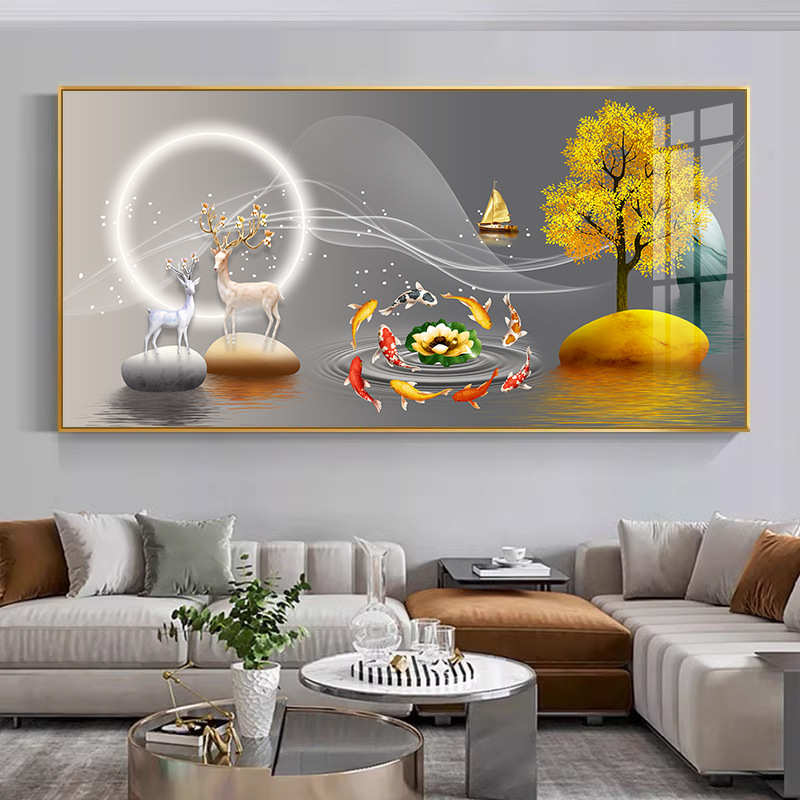 轻奢餐厅装饰画九鱼聚财饭厅壁画大气麋鹿客厅沙发背景墙挂画横版图片