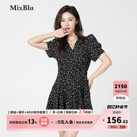 mixblu黑色法式碎花连衣裙，女2024夏季气质，时尚v领泡泡袖裙子