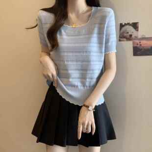 蓝色冰丝针织短袖T恤女2026新款夏季大尺码胖mm巨遮肚显瘦方0226r