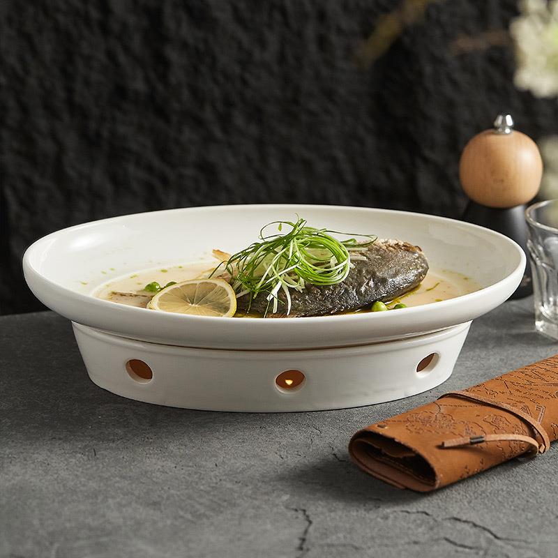 鱼盘带炉蜡烛加热干锅盘保温炉酒店高档餐厅特色餐具陶瓷盘子商用