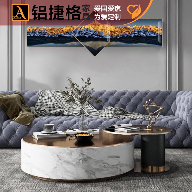 意式轻奢小户型大理石玻璃茶几不锈钢电镀简约现代多功能圆形茶台